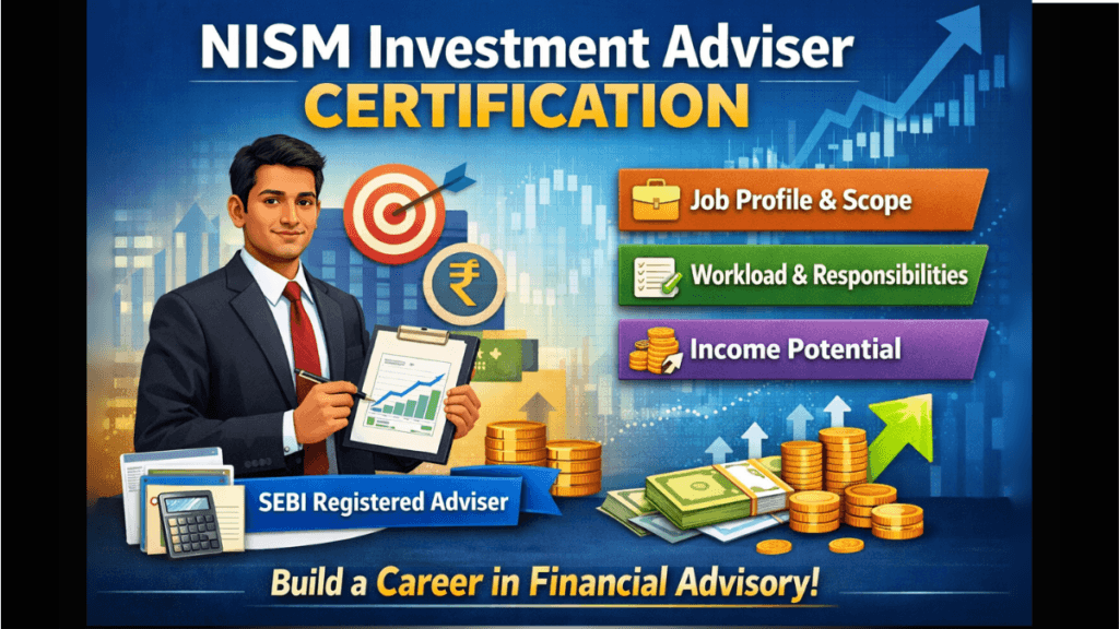 NISM Series X-A X-B Investment Adviser Certification career guide showing job profile, workload, responsibilities, and income opportunities in financial advisory.
